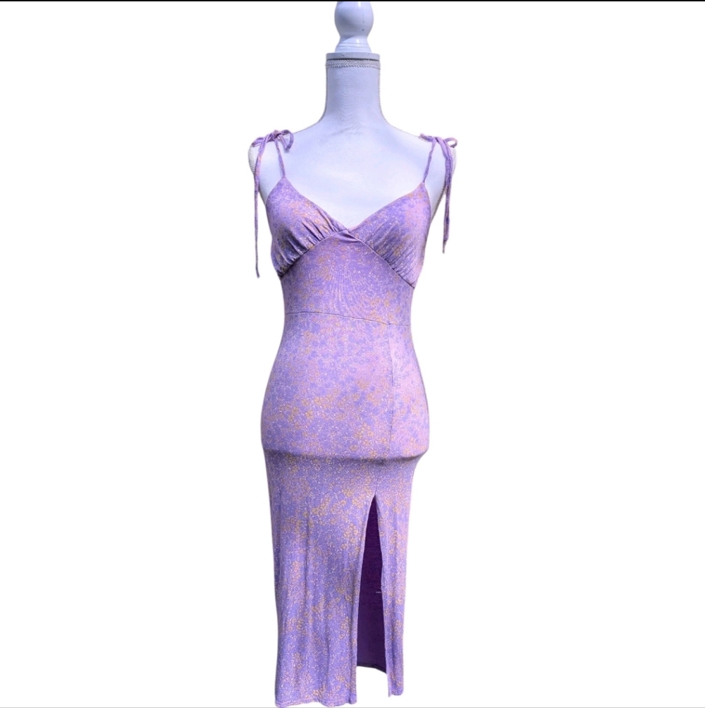Missguided Purple Floral Tie Strap Midi Dress Bodycon Slit Size 4 / Small Lilac